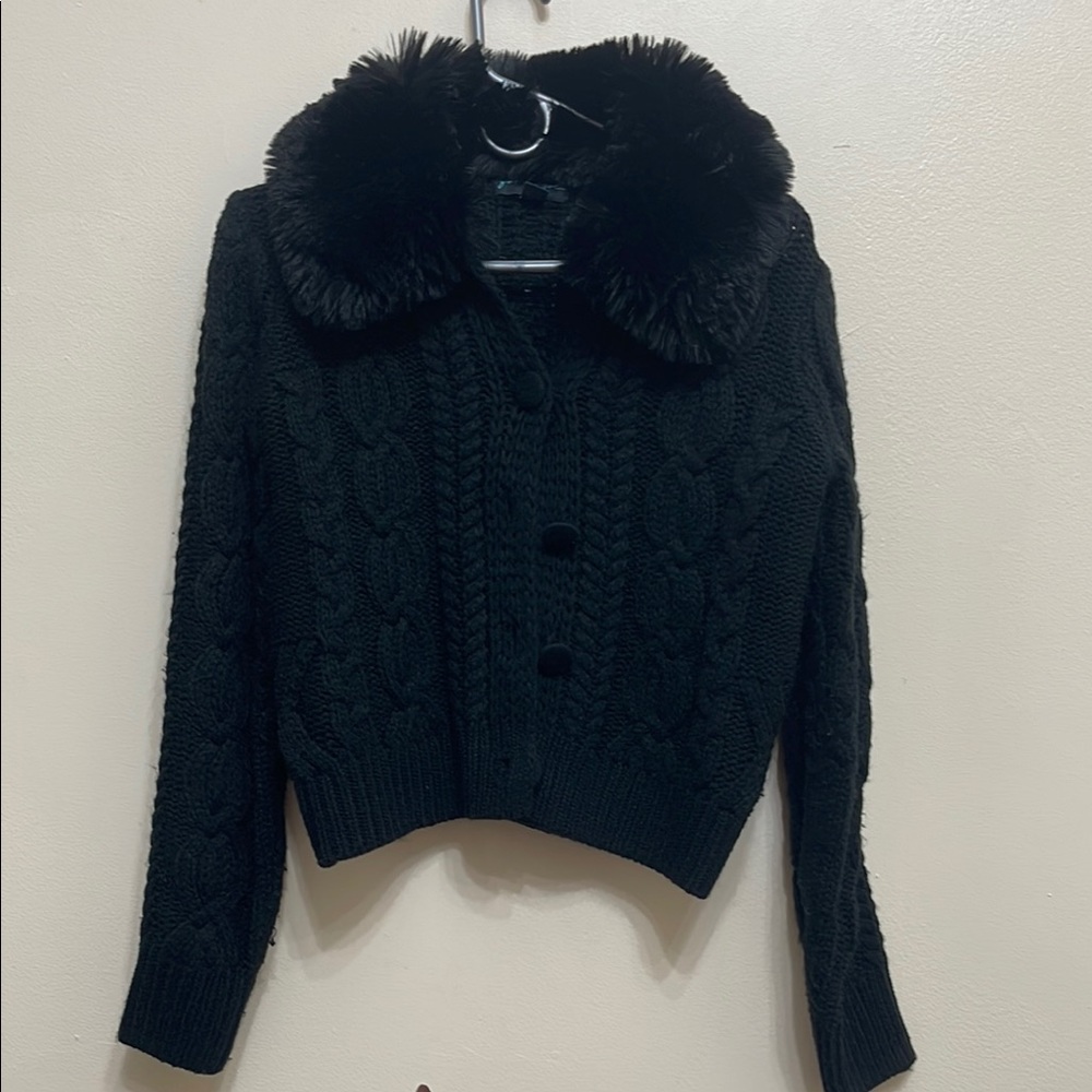 Black Cable Knit Sweater with Faux Fur Collar size S